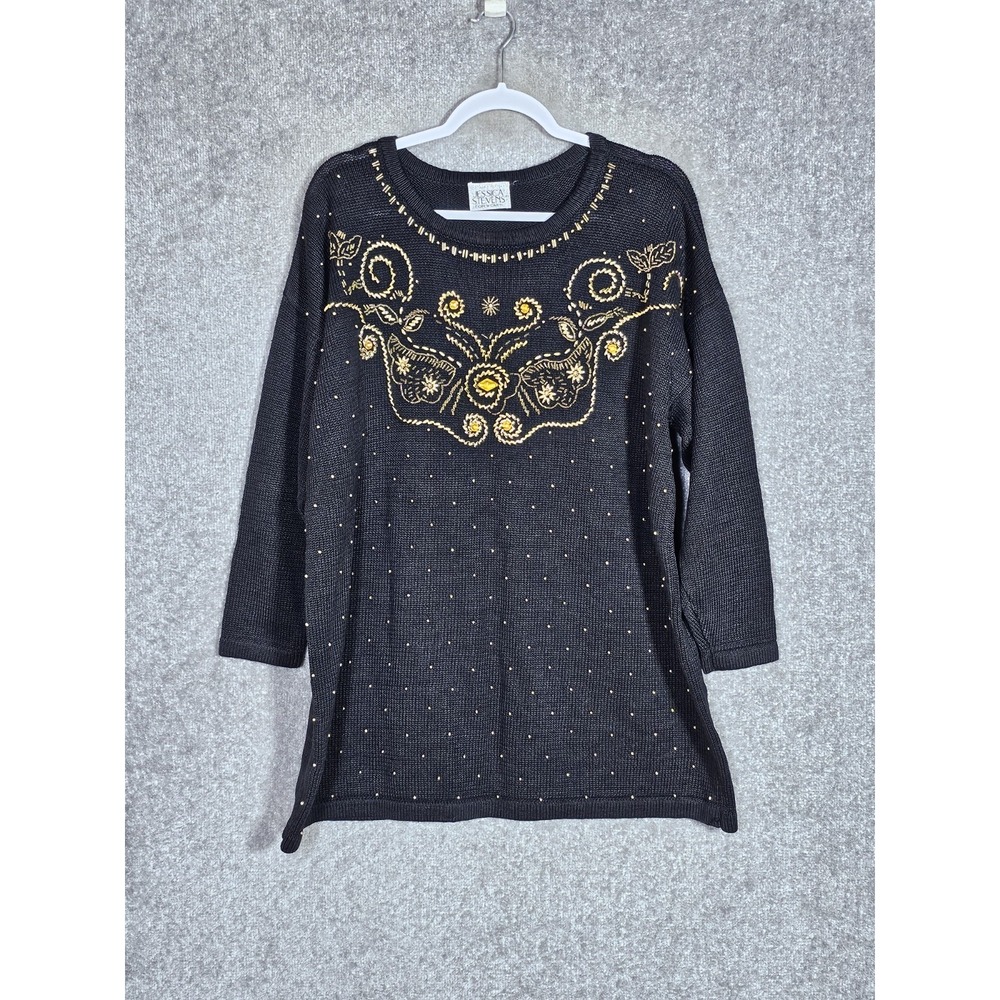 Vintage Jessica Stevens Tunic Sweater Womens Size Medium Black Gold Beaded Art